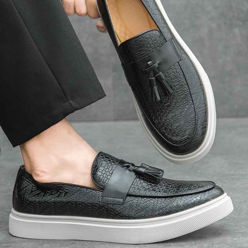 black Men's textured tassels loafers spring summer slip-on platform loafers