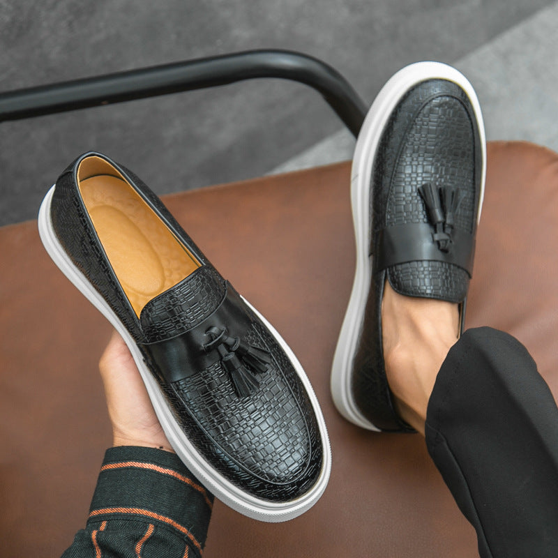 black Men's textured tassels loafers spring summer slip-on platform loafers