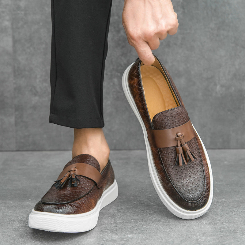 brown Men's textured tassels loafers spring summer slip-on platform loafers