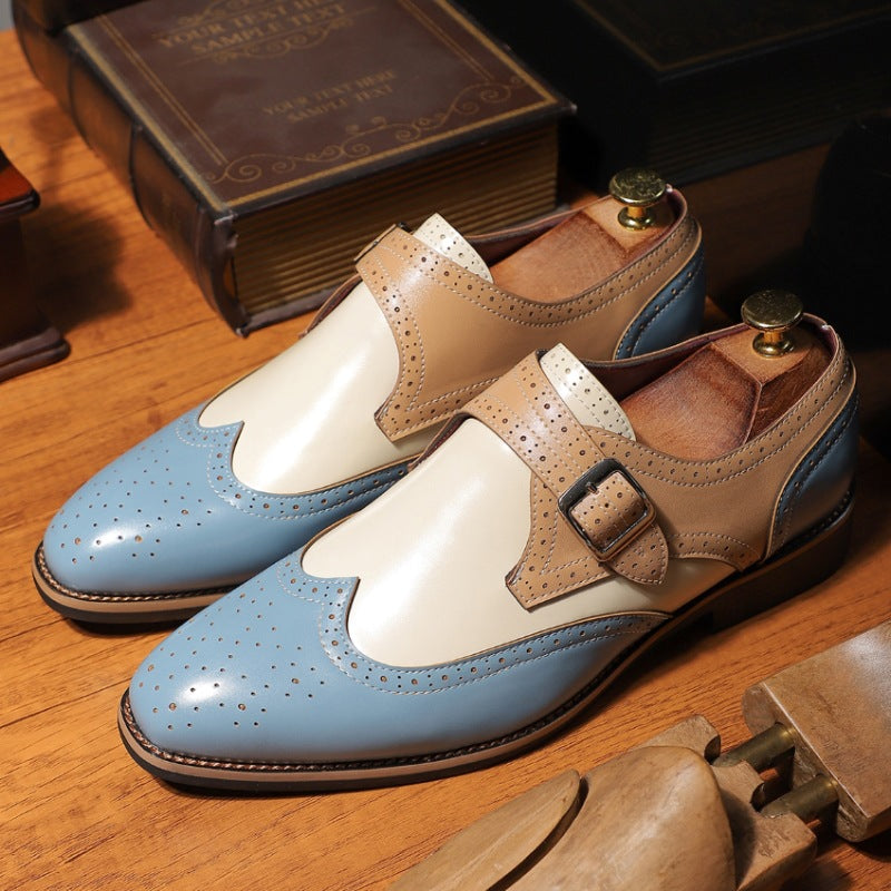 blue Men's triple tones wintip monk shoes formal dress shoes