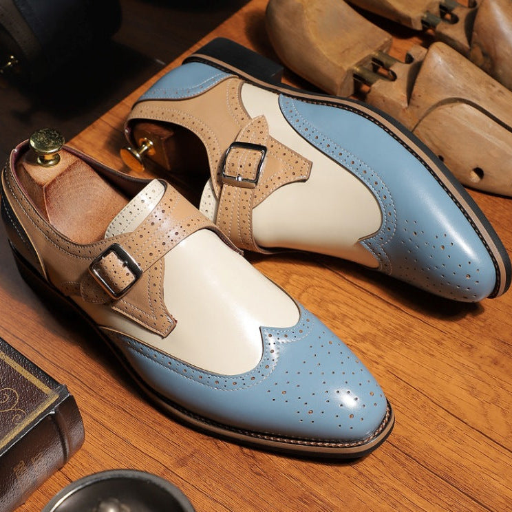 blue Men's triple tones wintip monk shoes formal dress shoes