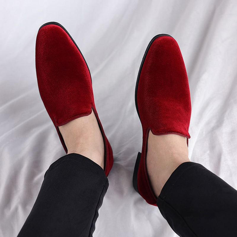 red Men's velvet slip-on loafers