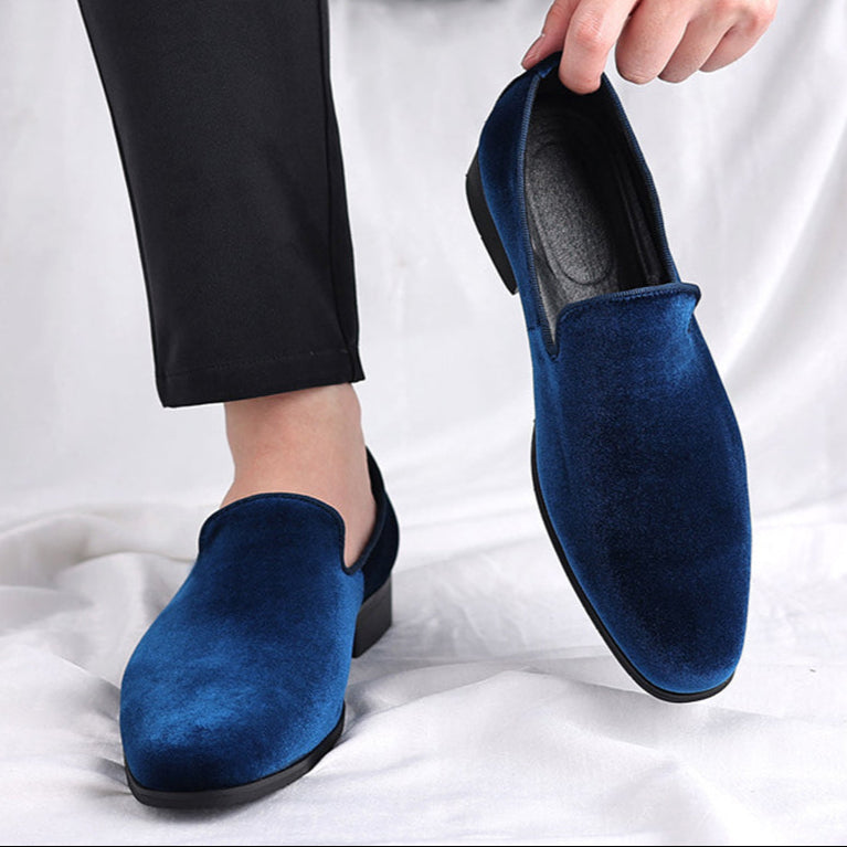 blue Men's velvet slip-on loafers