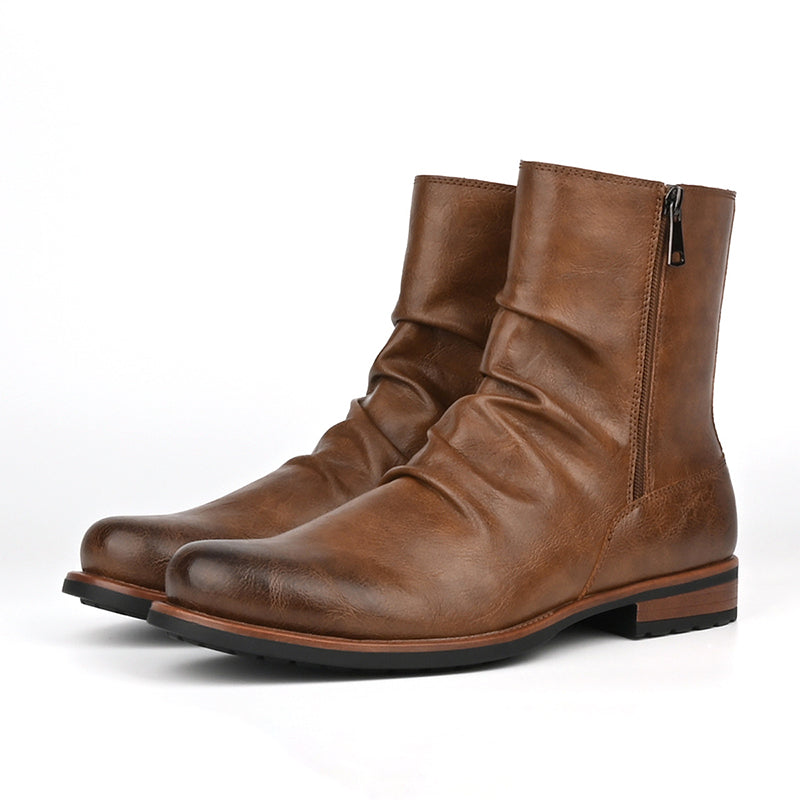Men's vintage ruched ankle boots with double sides zipper