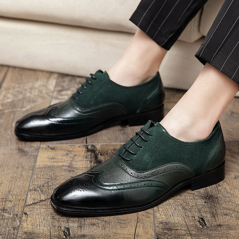 green Men's vintage wingtip derby shoes for wedding/busines