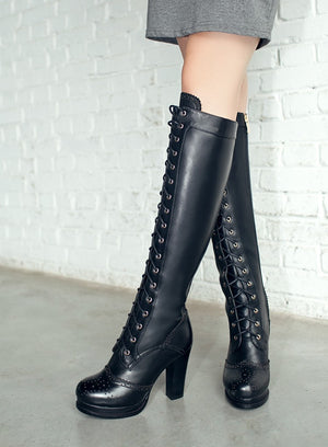 Chunky platform high heels brogue knee high knight boots