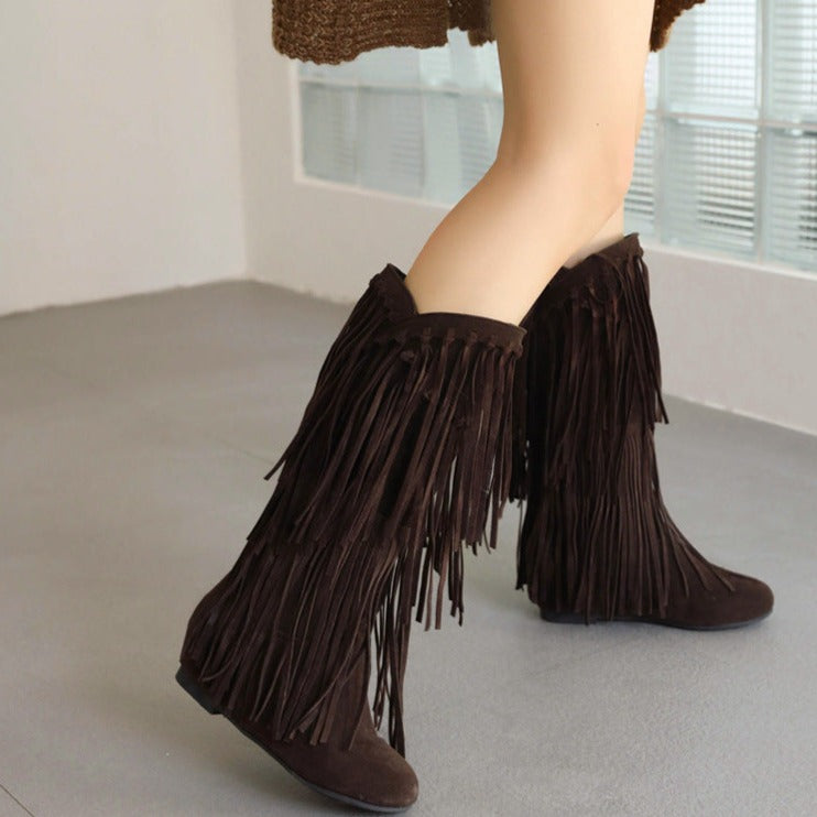 Vintage faux suede mid calf fringe boots tan brown western boots