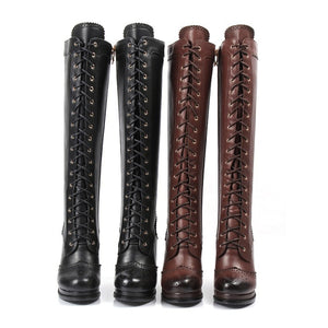 Chunky platform high heels brogue knee high knight boots