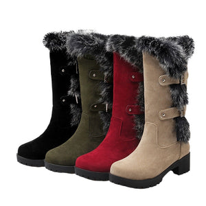 Fuzzy trim fur lined mid calf snow boots