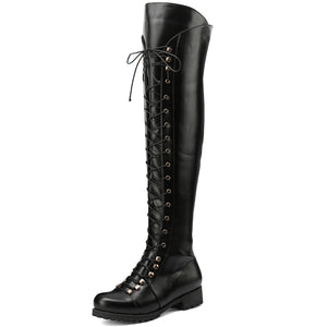 Over the knee combat boots thigh high motorcycle boots lace up tall boots for women