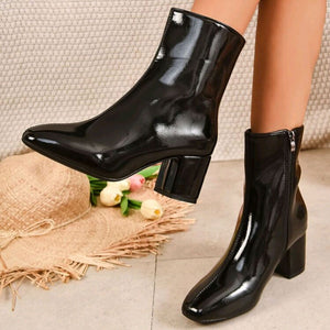 PU patent leather block heels square toe ankle boots with side zipper