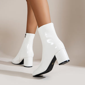 PU patent leather block heels square toe ankle boots with side zipper