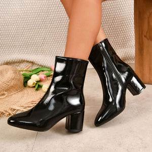 PU patent leather block heels square toe ankle boots with side zipper