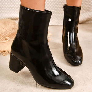 PU patent leather block heels square toe ankle boots with side zipper