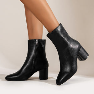 PU patent leather block heels square toe ankle boots with side zipper