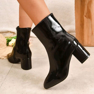 PU patent leather block heels square toe ankle boots with side zipper