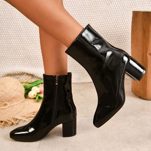 PU patent leather block heels square toe ankle boots with side zipper