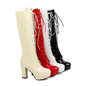 Patent leather chunky heels knee high combat boots knight boots lolita boots