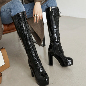 Patent leather chunky heels knee high combat boots knight boots lolita boots