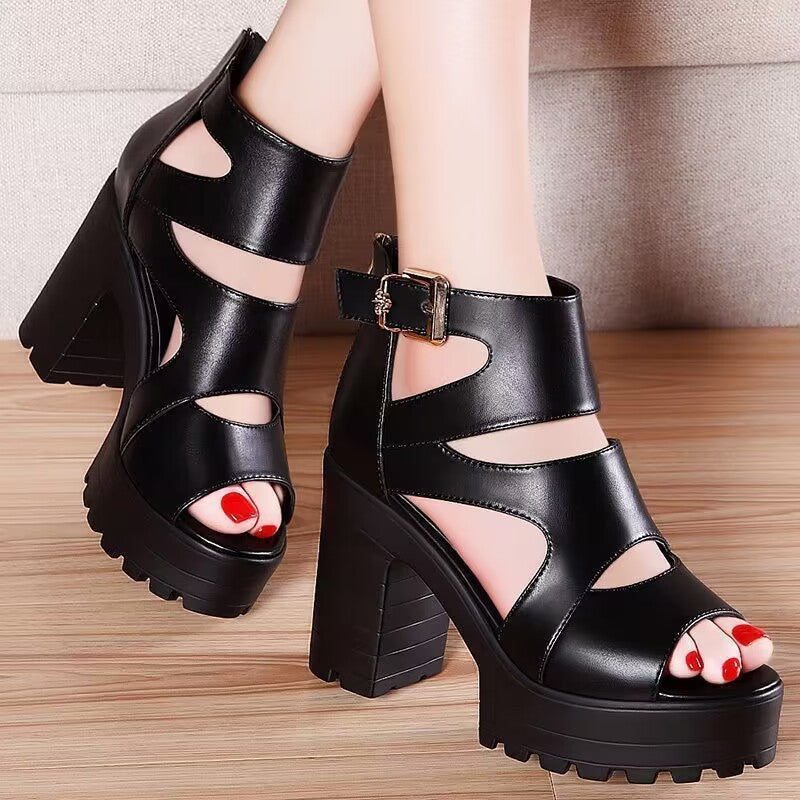 Peep toe cut-out thick platform chunky heels sandals