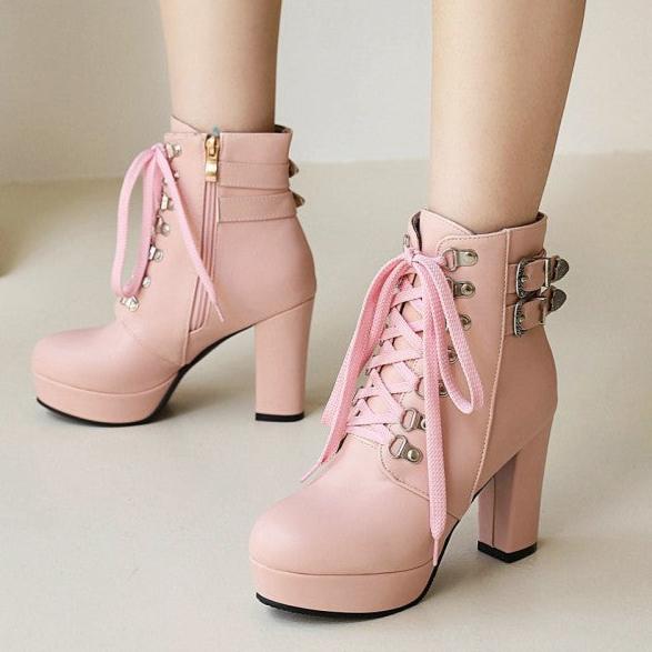 Platform chunky high heels combat boots with buckles