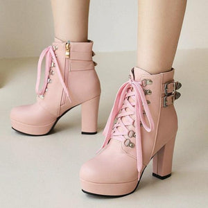 Platform chunky high heels combat boots with buckles