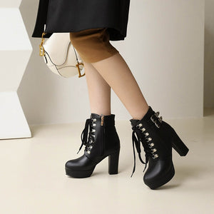 Platform chunky high heels combat boots with buckles