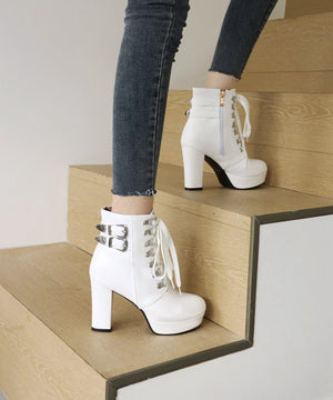 Platform chunky high heels combat boots with buckles