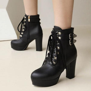 Platform chunky high heels combat boots with buckles