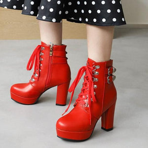 Platform chunky high heels combat boots with buckles