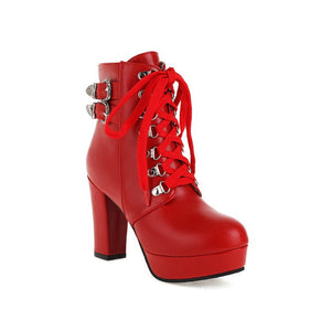 Platform chunky high heels combat boots with buckles