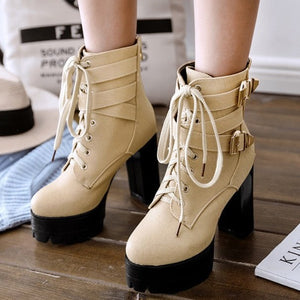 Platform chunky high heels combat boots with buckles