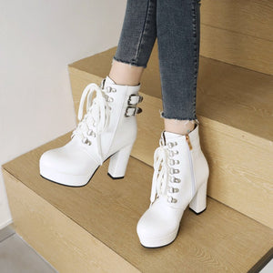 Platform chunky high heels combat boots with buckles