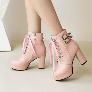 Platform chunky high heels combat boots with buckles