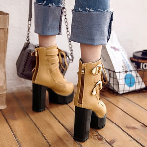 Platform chunky high heels combat boots with buckles