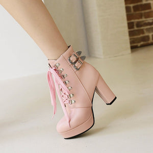 Platform chunky high heels combat boots with buckles