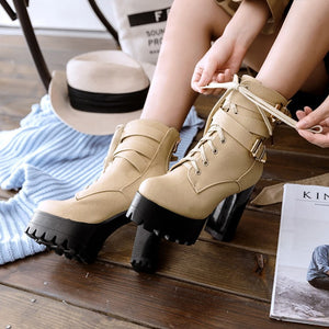 Platform chunky high heels combat boots with buckles