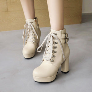 Platform chunky high heels combat boots with buckles