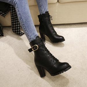 Plush lining chunky high heels combat booties