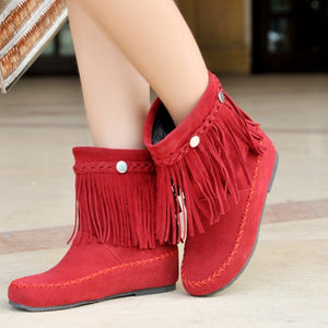 Retro bohemia tassels faux suede fringe booties for fall/winter