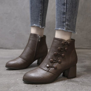 Retro double breasted chunky heels booties England style square heels ankle boots