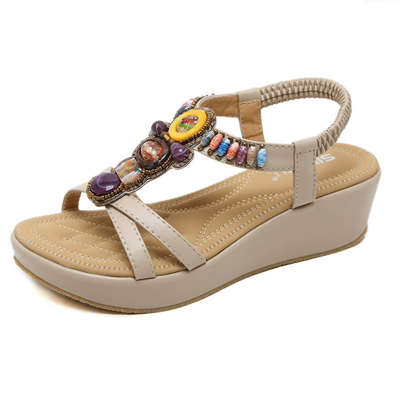 Retro ethnic beads decor T-strap sandals for summer vacation