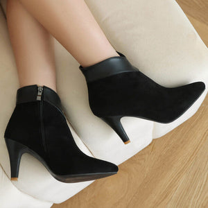 black Retro faux suede kitten heels booties
