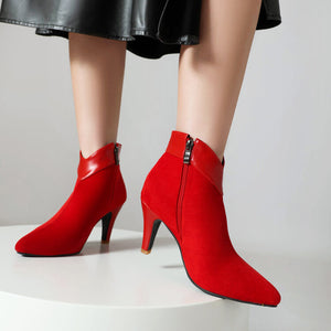 red Retro faux suede kitten heels booties