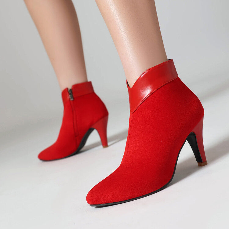 red Retro faux suede kitten heels booties