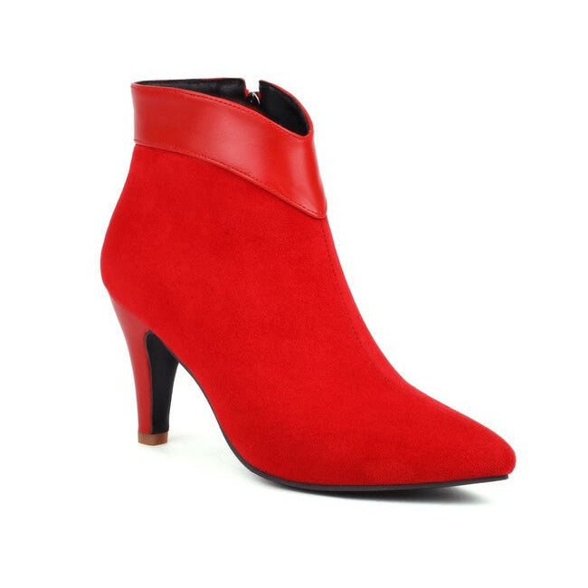 red Retro faux suede kitten heels booties