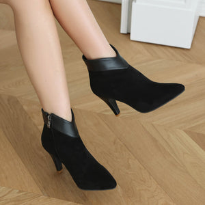 black Retro faux suede kitten heels booties