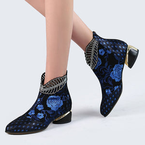 Retro flower embroidery block heels booties