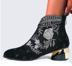 Retro flower embroidery block heels booties