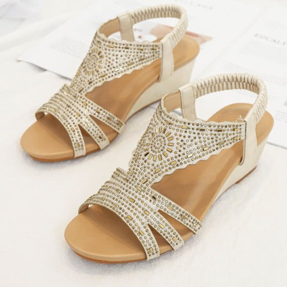 Retro rhinestone wedge gladiator sandals cut-out sandals